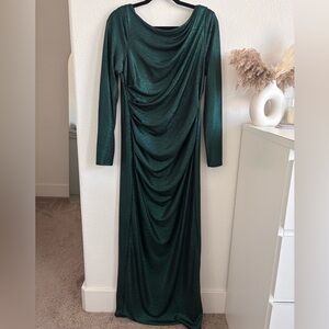 R&M Richards Emerald Metallic Ruched Evening Gown